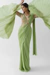 Buy_Suruchi Parakh_Green Satin Silk Printed Print Pre-draped Saree With Flared Sleeve Blouse _Online_at_Aza_Fashions