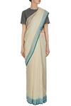 Anavila_Beige Linen Hand Woven Saree With Blue Border And Unstitched Blouse For Women_Online_at_Aza_Fashions