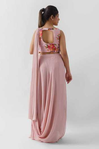 Shop_Suruchi Parakh_Pink Satin Silk, Georgette Crepe, Lining Shantoon Floral Draped Skirt Set _at_Aza_Fashions