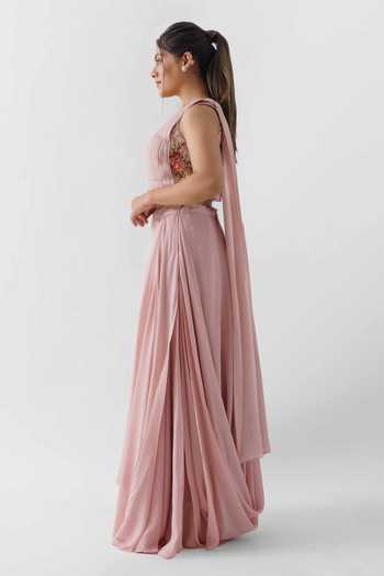 Suruchi Parakh_Pink Satin Silk, Georgette Crepe, Lining Shantoon Floral Draped Skirt Set _Online_at_Aza_Fashions