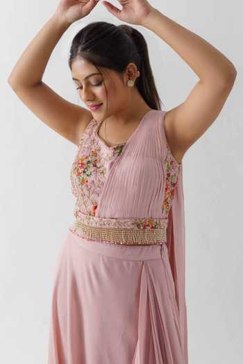 Buy_Suruchi Parakh_Pink Satin Silk, Georgette Crepe, Lining Shantoon Floral Draped Skirt Set _Online_at_Aza_Fashions