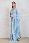 Sue Mue_Blue Georgette Embroidery Resham V Neck Saree With Blouse _Online_at_Aza_Fashions