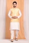 Buy_Aryavir Malhotra_Gold Dupion Silk Plain Bundi And Full Sleeve Kurta Set_at_Aza_Fashions