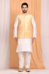 Aryavir Malhotra_Gold Dupion Silk Plain Bundi And Full Sleeve Kurta Set_Online_at_Aza_Fashions