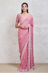 Buy_Sue Mue_Pink Georgette Embroidery Resham Square Neck Saree With Blouse _at_Aza_Fashions