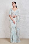 Buy_Sue Mue_White Organza Embroidery Resham And Sequin V Neck Saree With Blouse _at_Aza_Fashions