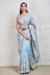 Buy_Sue Mue_Blue Organza Embroidery Resham And Sequin V Neck Saree With Blouse _at_Aza_Fashions