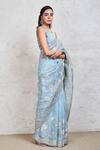 Sue Mue_Blue Organza Embroidery Resham And Sequin V Neck Saree With Blouse _Online_at_Aza_Fashions