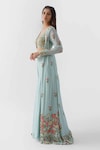suruchi parakh_Blue Georgette Printed Floral Motif Top V-neck Embroidered Pant Set And Jacket_Online_at_Aza_Fashions