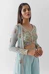 Shop_suruchi parakh_Blue Georgette Printed Floral Motif Top V-neck Embroidered Pant Set And Jacket_Online_at_Aza_Fashions
