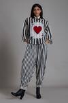 Mati_Black Pure Linen And 100% Cotton Stripes Shirt Collar Heart Applique & Pant Set _Online_at_Aza_Fashions