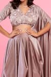 PIRI INDIA_Purple Silk, Satin Beads, Sequins, Pearls High Neck Milano Pre-draped Saree Set _Online_at_Aza_Fashions