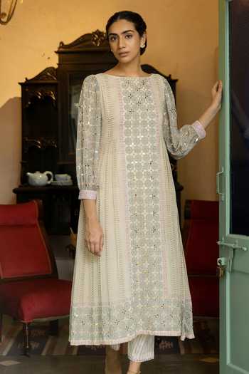 Surbhi Gupta_White Organza, Georgette Boat Printed Anarkali And Pant Set _Online_at_Aza_Fashions