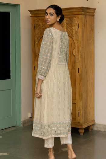 Shop_Surbhi Gupta_White Organza, Georgette Boat Printed Anarkali And Pant Set _at_Aza_Fashions