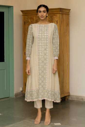 Buy_Surbhi Gupta_White Organza, Georgette Boat Printed Anarkali And Pant Set _at_Aza_Fashions