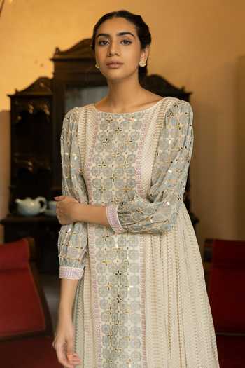 Buy_Surbhi Gupta_White Organza, Georgette Boat Printed Anarkali And Pant Set _Online_at_Aza_Fashions