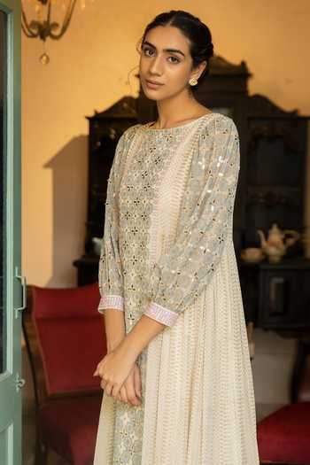 Shop_Surbhi Gupta_White Organza, Georgette Boat Printed Anarkali And Pant Set _Online_at_Aza_Fashions