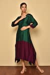 Buy_Khwaab by Sanjana Lakhani_Green Cotton Silk Plain V Neck Color Block Asymmetric Tunic _at_Aza_Fashions