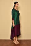 Khwaab by Sanjana Lakhani_Green Cotton Silk Plain V Neck Color Block Asymmetric Tunic _Online_at_Aza_Fashions