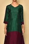 Khwaab by Sanjana Lakhani_Green Cotton Silk Plain V Neck Color Block Asymmetric Tunic _at_Aza_Fashions