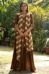 Buy_Rekha Agra_Brown Cotton Slub V Neck Layered Long Kurta With Dupatta _at_Aza_Fashions