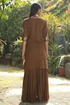 Shop_Rekha Agra_Brown Cotton Slub V Neck Layered Long Kurta With Dupatta _at_Aza_Fashions