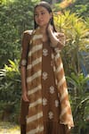 Rekha Agra_Brown Cotton Slub V Neck Layered Long Kurta With Dupatta _Online_at_Aza_Fashions