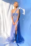 Shop_Maiti Shahani_Blue Tulle Off Shoulder Cutout Gown_at_Aza_Fashions