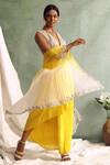 Priyanka Jain Yellow Cape Organza, Skirt Crepe Chanderi V Neck And Draped Set Online at Aza Fashions Priyanka Jain_Yellow Cape Organza, Skirt Crepe Chanderi V Neck And Draped Set _Online_at_Aza_Fashions