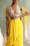 Shop Priyanka Jain Yellow Cape Organza, Skirt Crepe Chanderi V Neck And Draped Set Online at Aza Fashions Shop_Priyanka Jain_Yellow Cape Organza, Skirt Crepe Chanderi V Neck And Draped Set _Online_at_Aza_Fashions