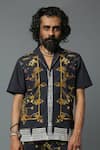 House Of Three_Black Cotton Linen Jewel Dravida Print Shirt _Online_at_Aza_Fashions