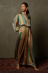 Shop_RI.Ritu Kumar_Yellow Silk Satin Striped Band Pattern Top And Pant Set _Online_at_Aza_Fashions