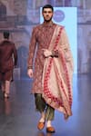 Shop_Soniya G_Maroon Raw Silk Embroidery Leaf Motifs Sherwani Set _at_Aza_Fashions