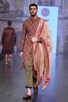 Buy_Soniya G_Maroon Raw Silk Embroidery Leaf Motifs Sherwani Set _Online_at_Aza_Fashions