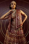 Tarun Tahiliani_Maroon Cambric, Silk Jacquard Mirror, Resham, Tribal Open And Embroidered Gilet_Online_at_Aza_Fashions