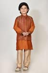 Buy_Petite Pomme_Brown Cotton, Silk Embroidery Rust Jacquard Bundi And Kurta Set _at_Aza_Fashions