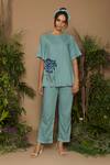Buy_Samatvam By Anjali Bhaskar_Blue Cotton, Aloe Vera Fabric Round Hand Embroidered Pant Set _at_Aza_Fashions