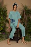 Shop_Samatvam By Anjali Bhaskar_Blue Cotton, Aloe Vera Fabric Round Hand Embroidered Pant Set _at_Aza_Fashions