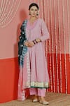 Myaara_Pink Georgette, Cotton, Organza Sequins, Embroidery Split V-neck Anarkali Set _Online_at_Aza_Fashions