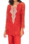 Monisha Jaising_Red Lace Embroidered Floral Pattern Round Short Tunic And Pant Set  _Online_at_Aza_Fashions