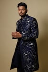 Buy_Hilo Design_Blue Dupion Silk Embroidered Animal Sherwani Set _at_Aza_Fashions