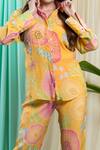 Seams Pret And Couture_Yellow Crepe, Silk Sequins Shawl Neck Marine Print Shirt And Pant Set _Online_at_Aza_Fashions