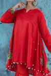 Kacha Tanka Red Cotton Satin Applique Floral Round Neck Asymmetric Kurta Sharara Set Online at Aza Fashions Kacha Tanka_Red Cotton Satin Applique Floral Round Neck Asymmetric Kurta Sharara Set _Online_at_Aza_Fashions
