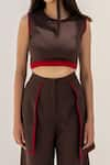 Buy_Kritika Madan Label_Brown Banana Crepe Round Neck Top And Overlap Pant Set 