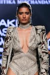 Ritika Mirchandani_Beige Net Embroidery Floral Bodysuit Plunging V Brisa Jacket With  _Online_at_Aza_Fashions