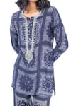 Monisha Jaising_Blue Cotton Silk Printed Paisley Pattern And Crystal Tunic & Pant Set  _Online_at_Aza_Fashions