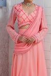 Tamaraa By Tahani_Pink Georgette Embroidery Bead Leaf Neck Lehenga Saree With Full Sleeve Blouse _Online_at_Aza_Fashions