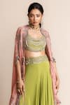 Nupur Kanoi_Green Cape- Georgette Waistband Circular Pant Set With Contrast  _Online_at_Aza_Fashions