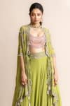 Nupur Kanoi_Green Cape- Georgette Embroidery Mirror Work U And Circular Pant Set  _Online_at_Aza_Fashions