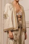 Tarun Tahiliani_Gold Silk Velvet Printed Floral Pattern Blouse V Jacket And Wide Leg Trouser Set _Online_at_Aza_Fashions